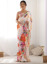 Thumbnail for Vegaa Fashion Off White Chinon Silk Print Work With Mirror Work Border Designer Saree - Distacart