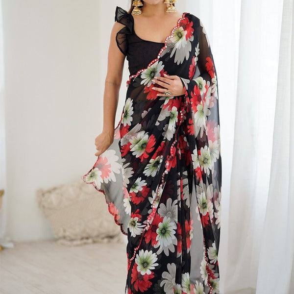 Vegaa Fashion Black Georgette Silk Printed Mirror Work Border Designer Saree