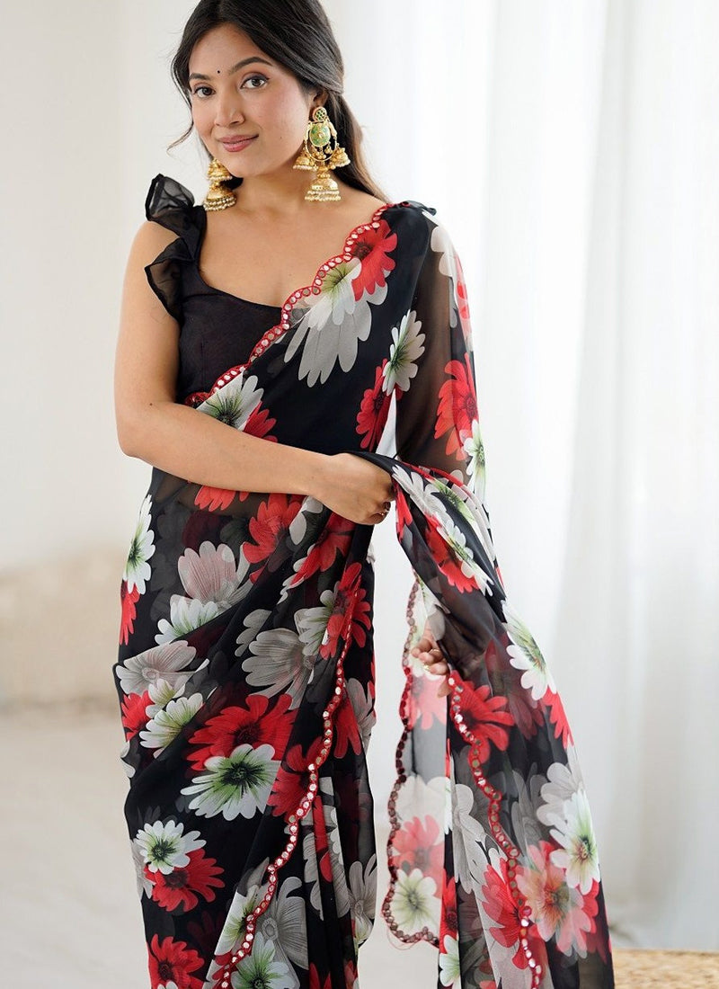 Vegaa Fashion Black Georgette Silk Printed Mirror Work Border Designer Saree