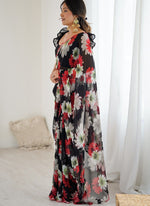 Thumbnail for Vegaa Fashion Black Georgette Silk Printed Mirror Work Border Designer Saree