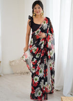 Thumbnail for Vegaa Fashion Black Georgette Silk Printed Mirror Work Border Designer Saree