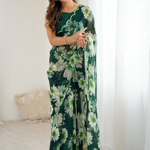 Vegaa Fashion Green Georgette Silk Printed Mirror Work Border Designer Saree