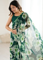 Thumbnail for Vegaa Fashion Green Georgette Silk Printed Mirror Work Border Designer Saree