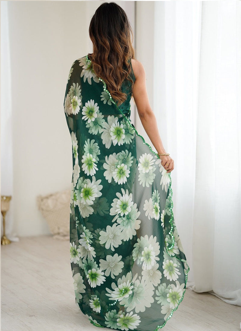 Vegaa Fashion Green Georgette Silk Printed Mirror Work Border Designer Saree