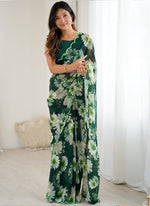 Thumbnail for Vegaa Fashion Green Georgette Silk Printed Mirror Work Border Designer Saree