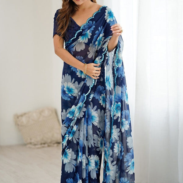 Vegaa Fashion Blue Georgette Silk Printed Mirror Work Border Designer Saree