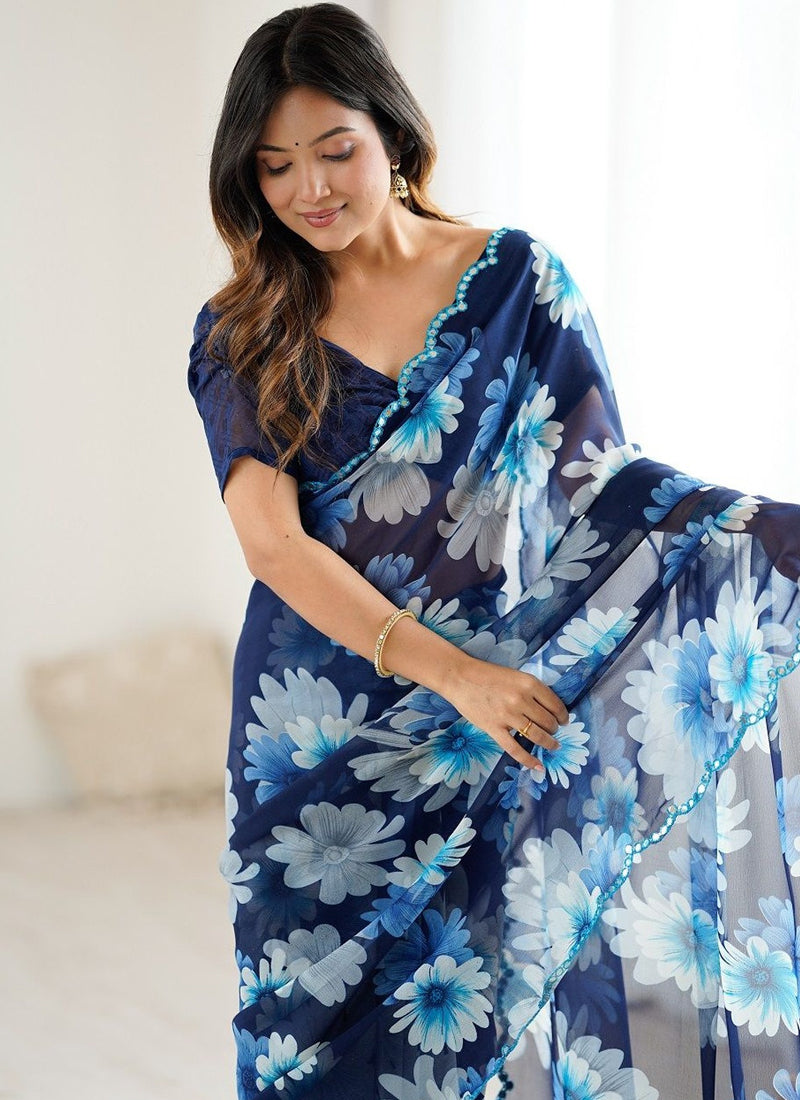 Vegaa Fashion Blue Georgette Silk Printed Mirror Work Border Designer Saree