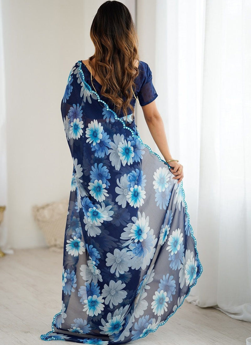 Vegaa Fashion Blue Georgette Silk Printed Mirror Work Border Designer Saree