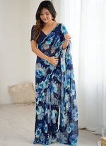 Thumbnail for Vegaa Fashion Blue Georgette Silk Printed Mirror Work Border Designer Saree