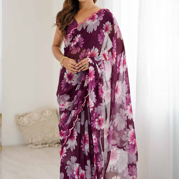 Vegaa Fashion Purple Georgette Silk Printed Mirror Work Border Designer Saree