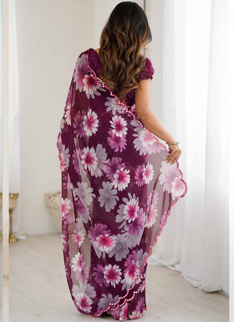 Vegaa Fashion Purple Georgette Silk Printed Mirror Work Border Designer Saree
