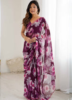 Thumbnail for Vegaa Fashion Purple Georgette Silk Printed Mirror Work Border Designer Saree