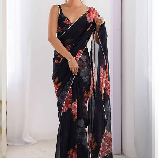 Vegaa Fashion Black Georgette Silk Printed Moti Work Border Designer Saree