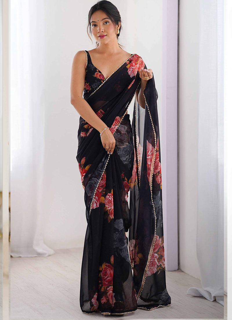 Vegaa Fashion Black Georgette Silk Printed Moti Work Border Designer Saree