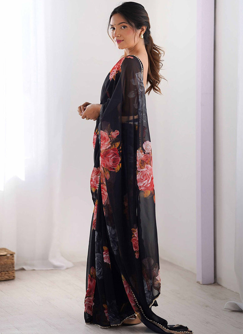 Vegaa Fashion Black Georgette Silk Printed Moti Work Border Designer Saree