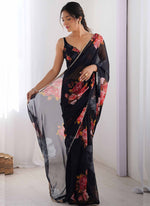 Thumbnail for Vegaa Fashion Black Georgette Silk Printed Moti Work Border Designer Saree
