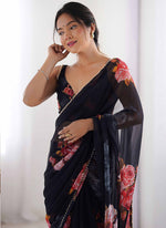 Thumbnail for Vegaa Fashion Black Georgette Silk Printed Moti Work Border Designer Saree