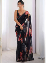 Thumbnail for Vegaa Fashion Black Georgette Silk Printed Moti Work Border Designer Saree