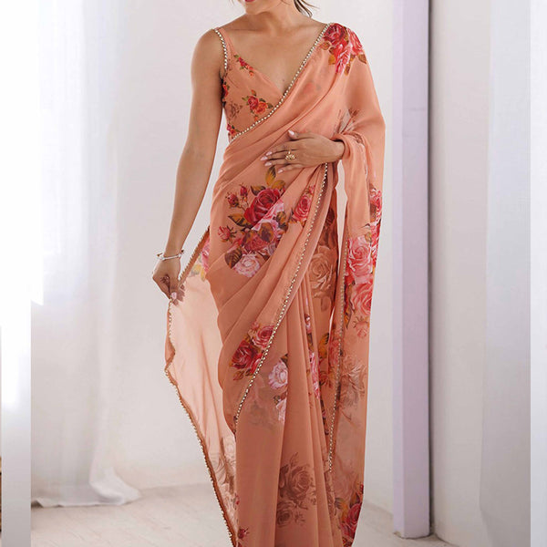 Vegaa Fashion Peach Georgette Silk Printed Moti Work Border Designer Saree