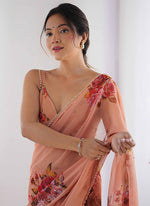 Thumbnail for Vegaa Fashion Peach Georgette Silk Printed Moti Work Border Designer Saree