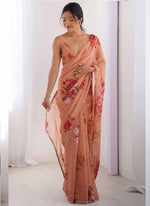 Thumbnail for Vegaa Fashion Peach Georgette Silk Printed Moti Work Border Designer Saree