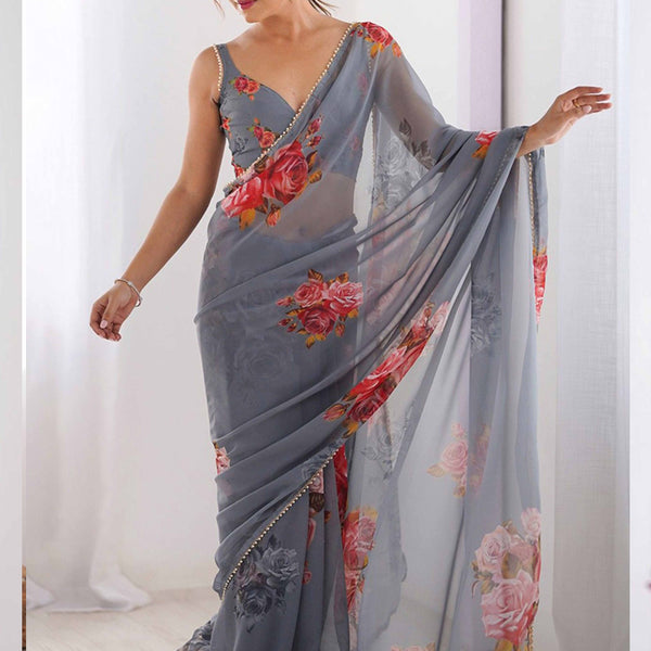 Vegaa Fashion Grey Georgette Silk Printed Moti Work Border Designer Saree