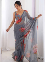 Thumbnail for Vegaa Fashion Grey Georgette Silk Printed Moti Work Border Designer Saree