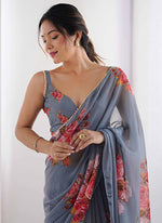 Thumbnail for Vegaa Fashion Grey Georgette Silk Printed Moti Work Border Designer Saree