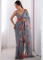 Thumbnail for Vegaa Fashion Grey Georgette Silk Printed Moti Work Border Designer Saree