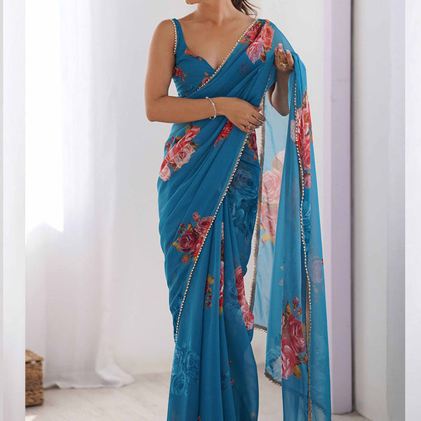 Vegaa Fashion Sky Blue Georgette Silk Printed Moti Work Border Designer Saree