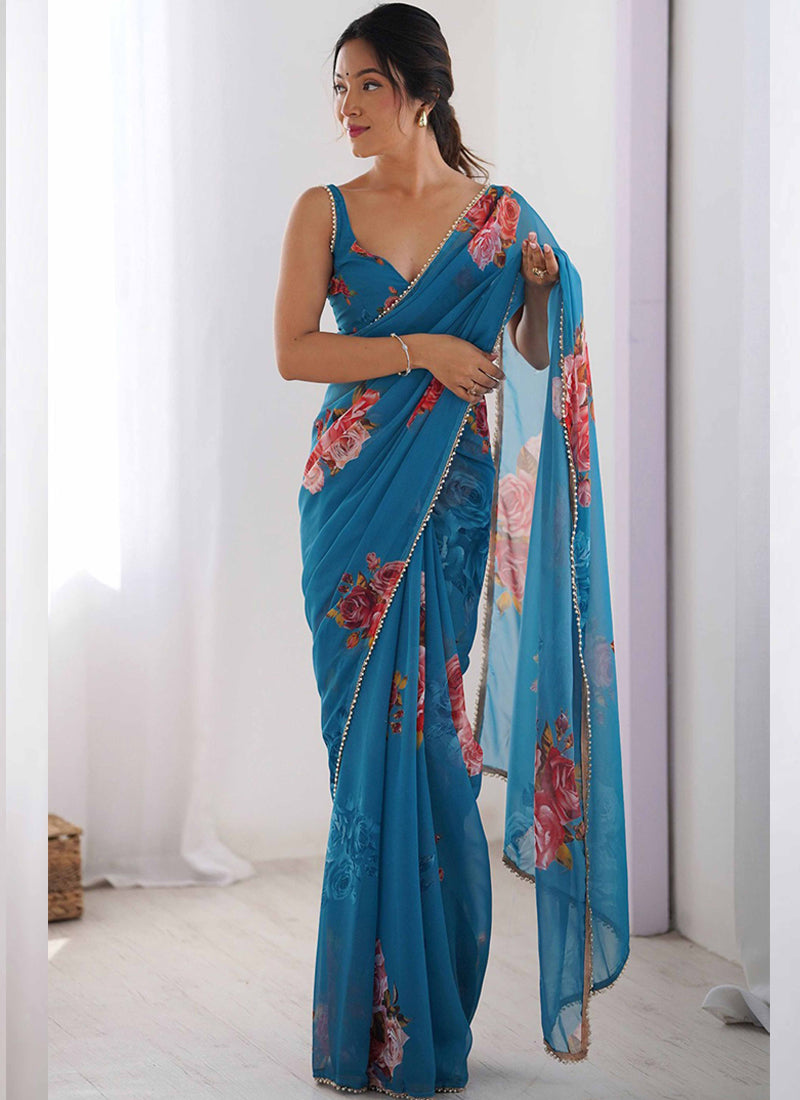 Vegaa Fashion Sky Blue Georgette Silk Printed Moti Work Border Designer Saree