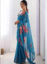 Thumbnail for Vegaa Fashion Sky Blue Georgette Silk Printed Moti Work Border Designer Saree