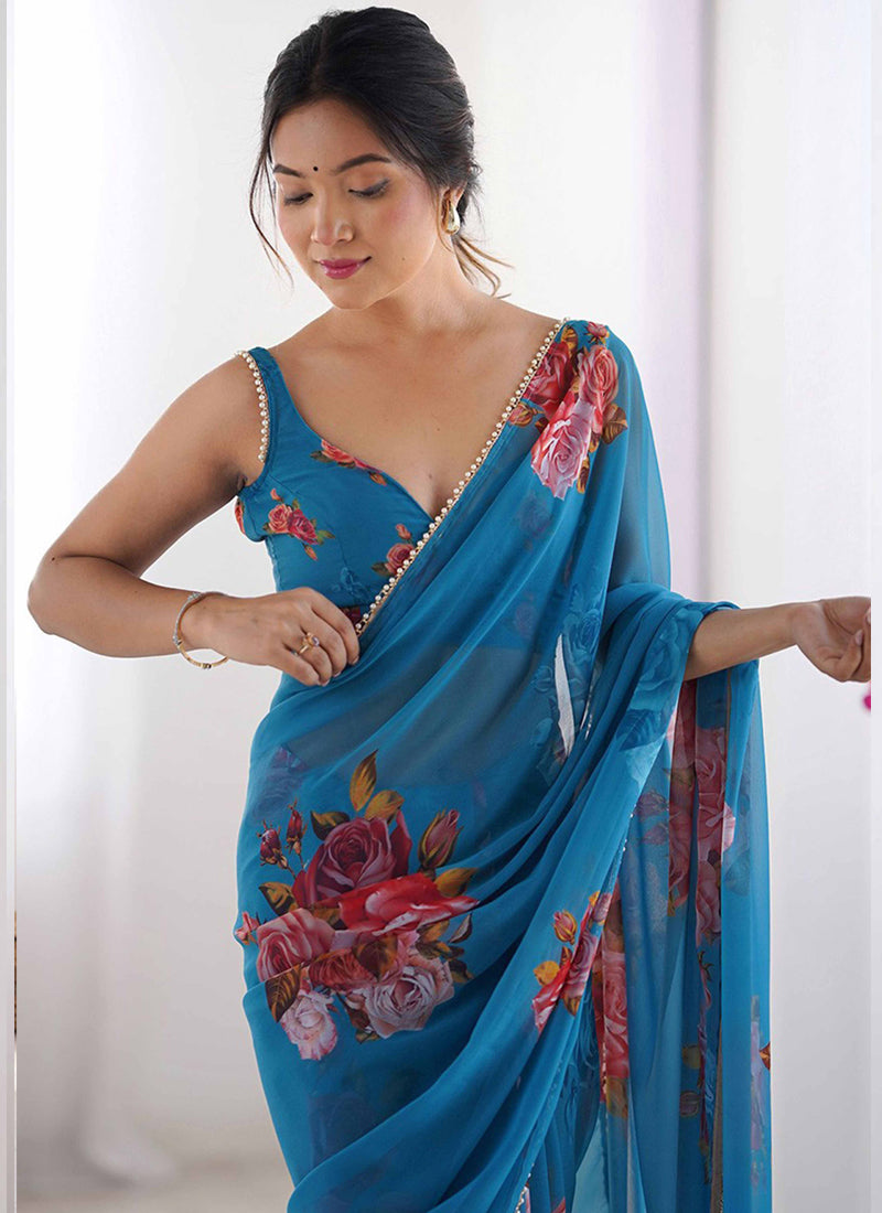 Vegaa Fashion Sky Blue Georgette Silk Printed Moti Work Border Designer Saree