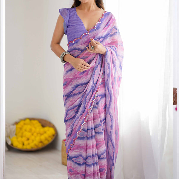 Vegaa Fashion Lavender Georgette Printed Mirror Work Border Designer Saree