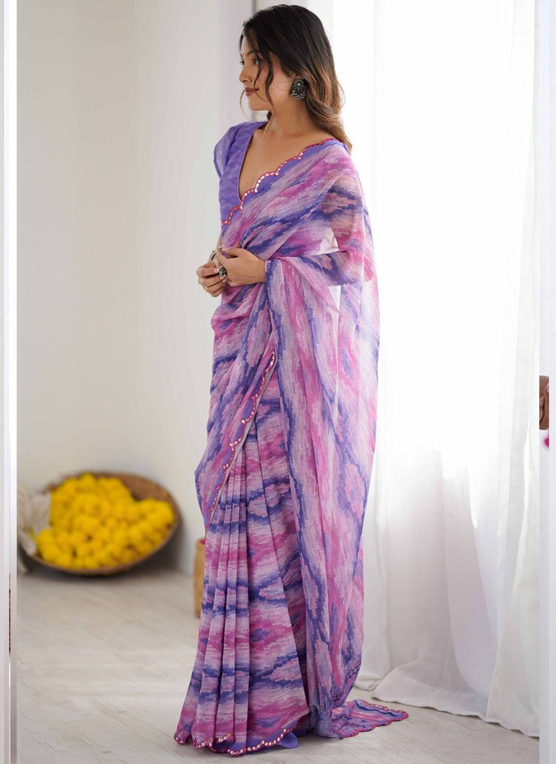 Vegaa Fashion Lavender Georgette Printed Mirror Work Border Designer Saree - Distacart