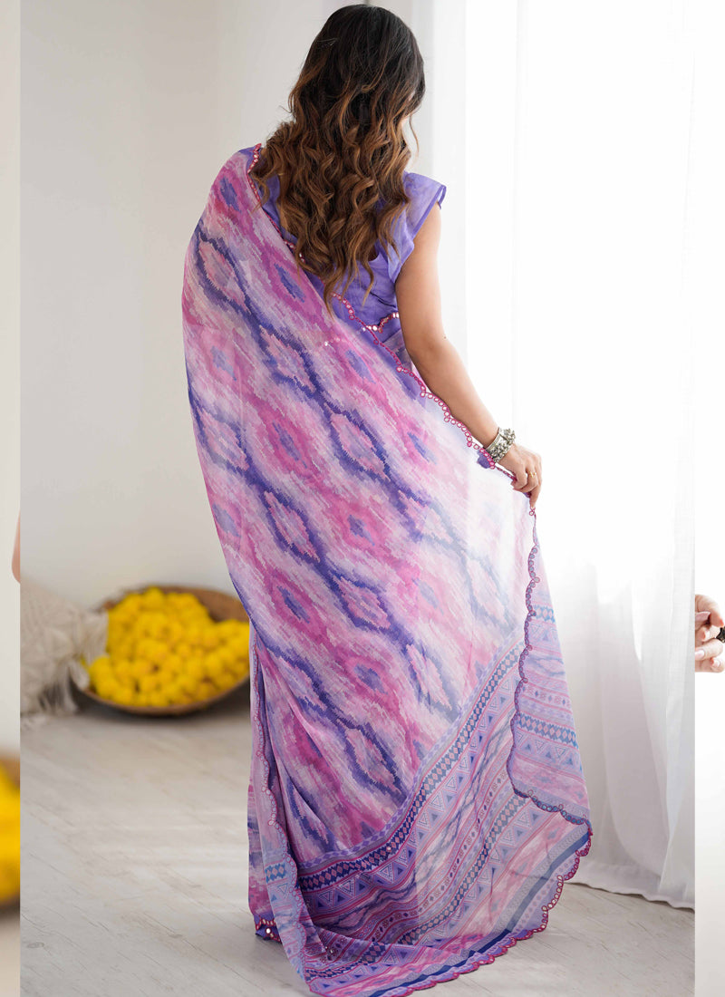 Vegaa Fashion Lavender Georgette Printed Mirror Work Border Designer Saree