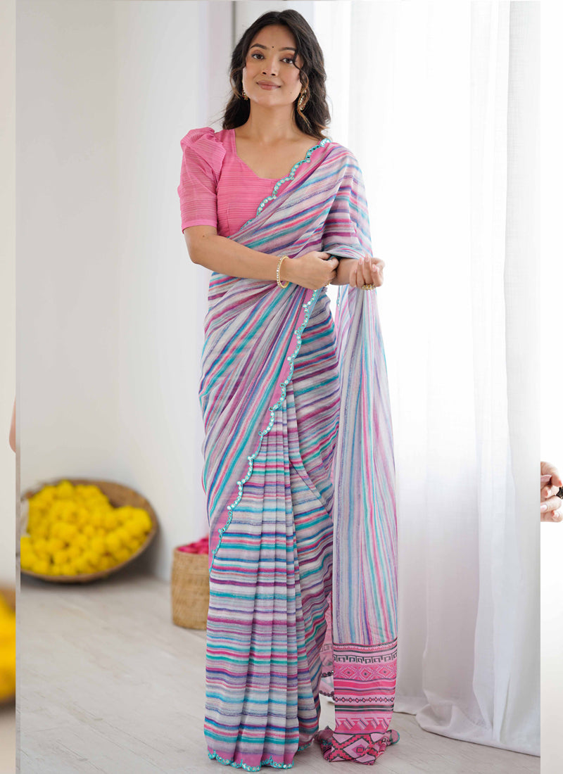 Vegaa Fashion Multi Color Georgette Printed Mirror Work Border Designer Saree - Distacart