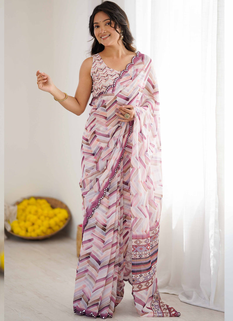 Vegaa Fashion Multi Color Georgette Printed Mirror Work Border Designer Saree - Distacart