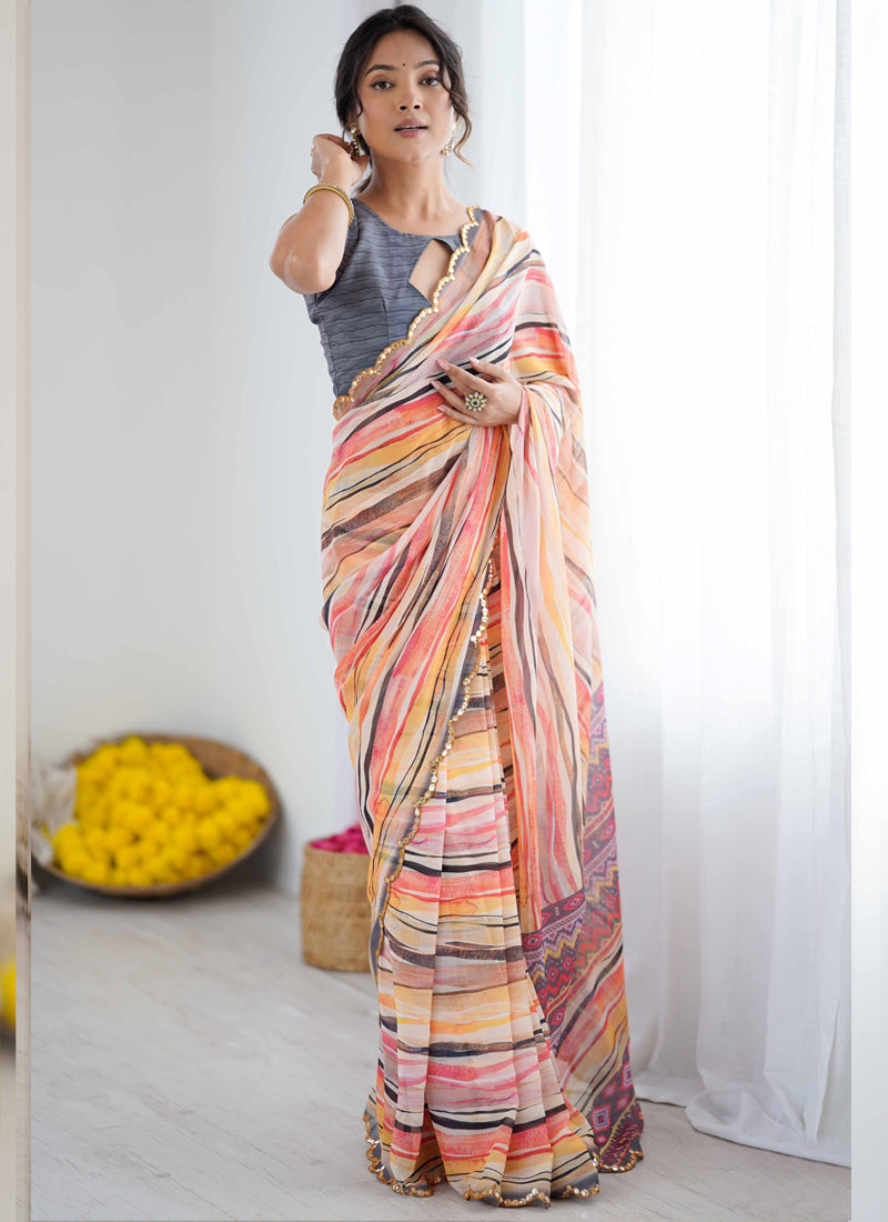Vegaa Fashion Multi Color Georgette Printed Mirror Work Border Designer Saree - Distacart