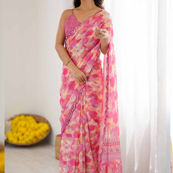 Vegaa Fashion Pink Georgette Printed Mirror Work Border Designer Saree