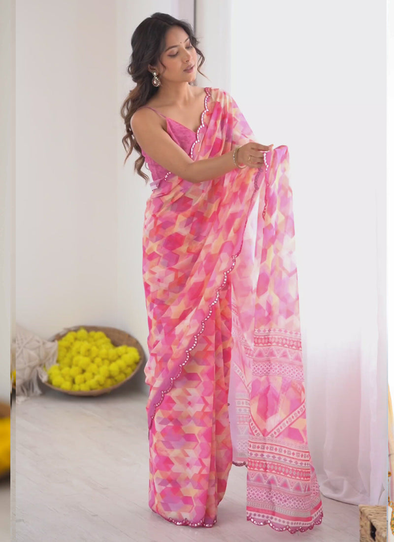 Vegaa Fashion Pink Georgette Printed Mirror Work Border Designer Saree