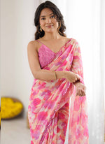 Thumbnail for Vegaa Fashion Pink Georgette Printed Mirror Work Border Designer Saree