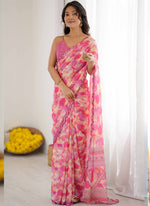 Thumbnail for Vegaa Fashion Pink Georgette Printed Mirror Work Border Designer Saree