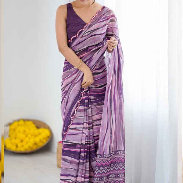 Vegaa Fashion Purple Georgette Printed Mirror Work Border Designer Saree