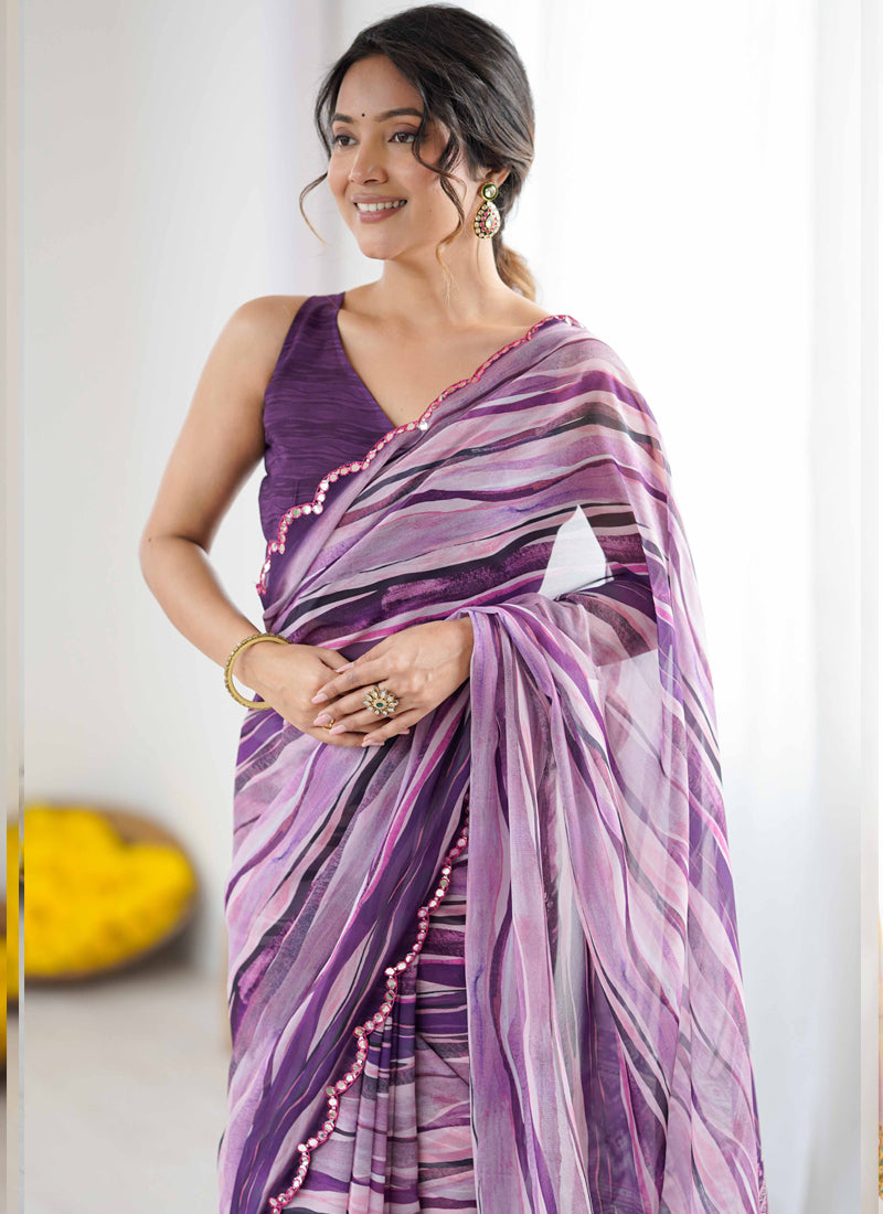 Vegaa Fashion Purple Georgette Printed Mirror Work Border Designer Saree
