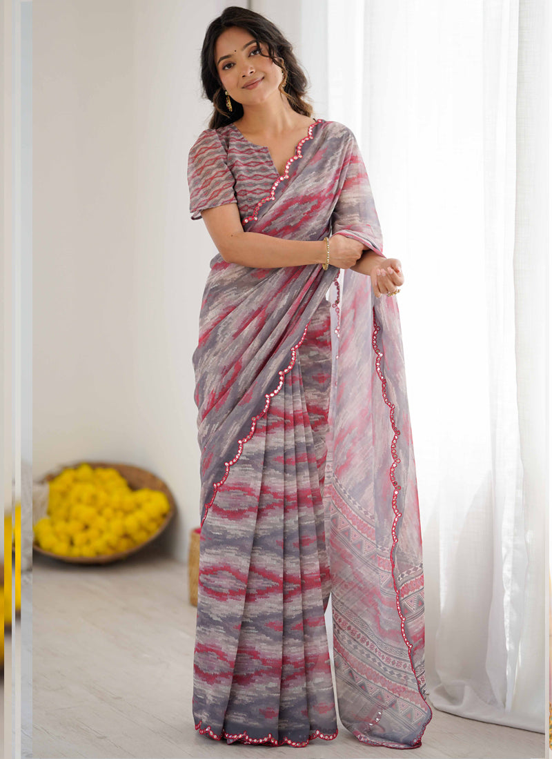 Vegaa Fashion Multi Color Georgette Printed Mirror Work Border Designer Saree - Distacart
