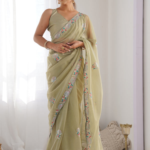 Vegaa Fashion Olive Green Organza Thread Work Color Tone Fabric Party Wear Saree - Distacart