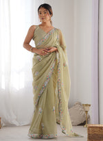 Thumbnail for Vegaa Fashion Olive Green Organza Thread Work Color Tone Fabric Party Wear Saree - Distacart