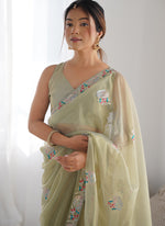 Thumbnail for Vegaa Fashion Olive Green Organza Thread Work Color Tone Fabric Party Wear Saree - Distacart