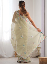 Thumbnail for Vegaa Fashion Olive Green Organza Thread Work Color Tone Fabric Party Wear Saree - Distacart